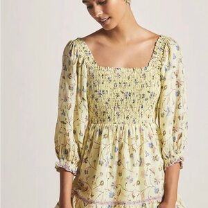 Omika Square Neck Floral Smocked Mini Dress in Soft Yellow